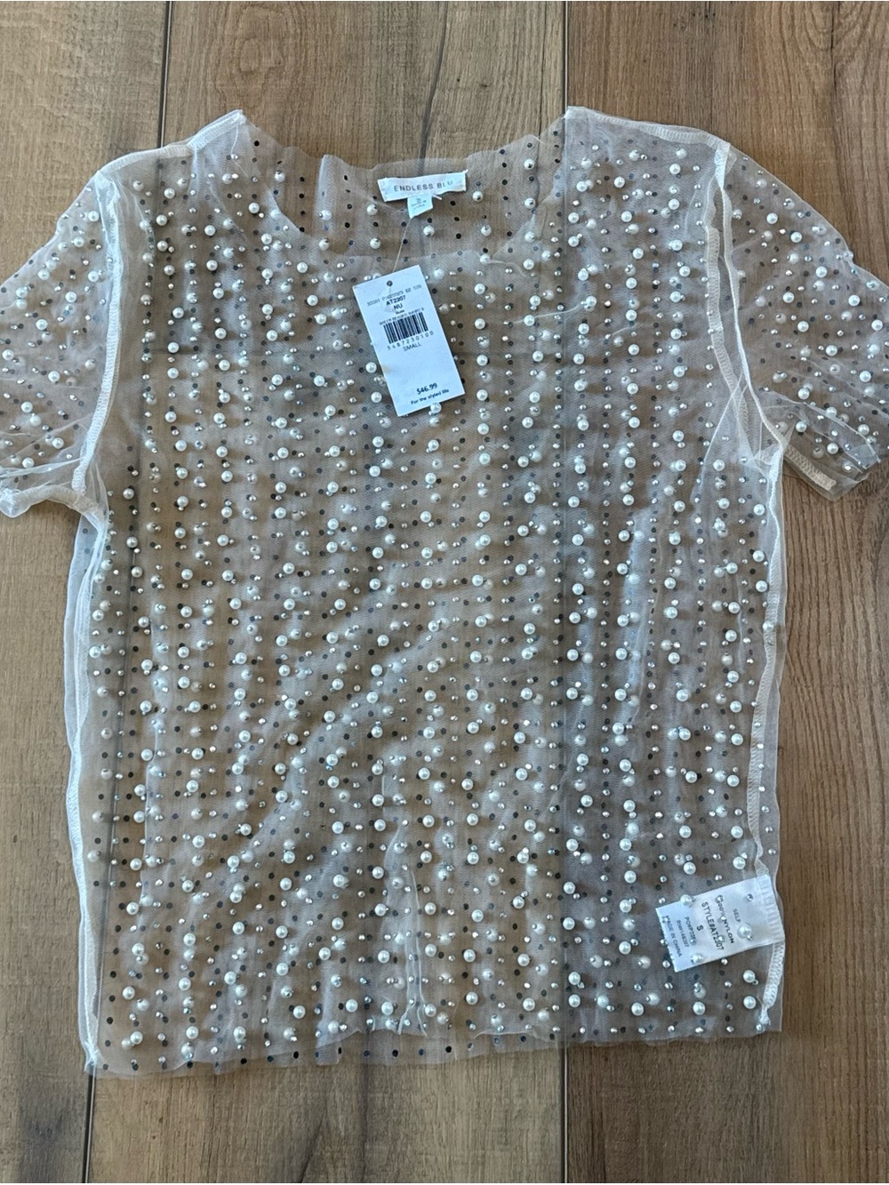 Endless Rose Nude Sheer Short-Sleeve Top with Pearl Embellishments
